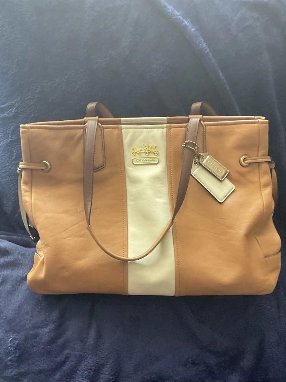 Coach Tan Leather Tote with Cream Center Stripe